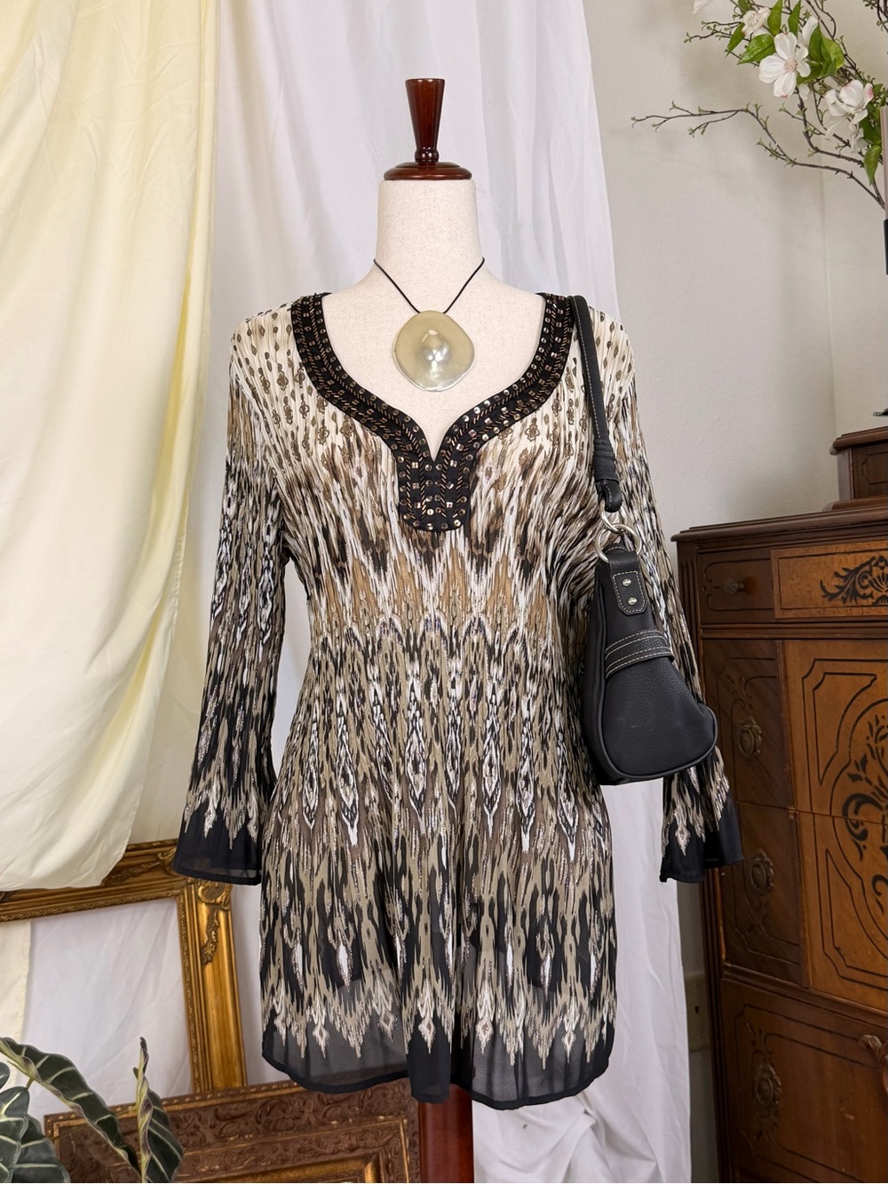 Beaded V-Neck Smocked Abstract Printed Tunic Top - Black & Cream Bell Sleeves